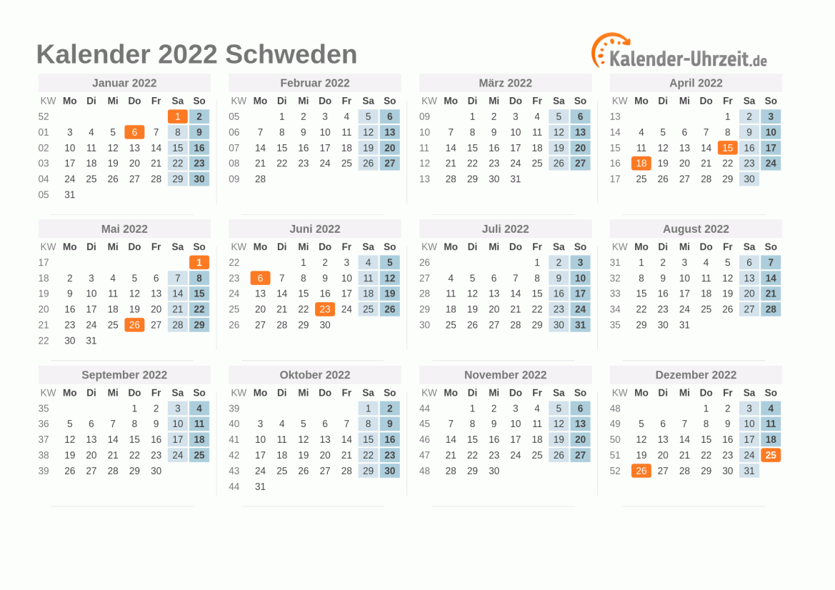Kalender 2022 Schweden mit Feiertagen zum Ausdrucken Kalender 2022 Schweden mit Feiertagen