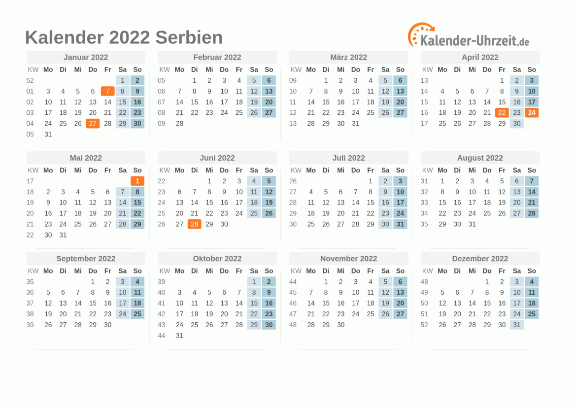 Kalender 2022 Serbien mit Feiertagen