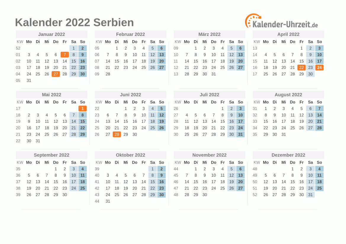 Kalender 2022 Serbien mit Feiertagen zum Ausdrucken Kalender 2022 Serbien mit Feiertagen