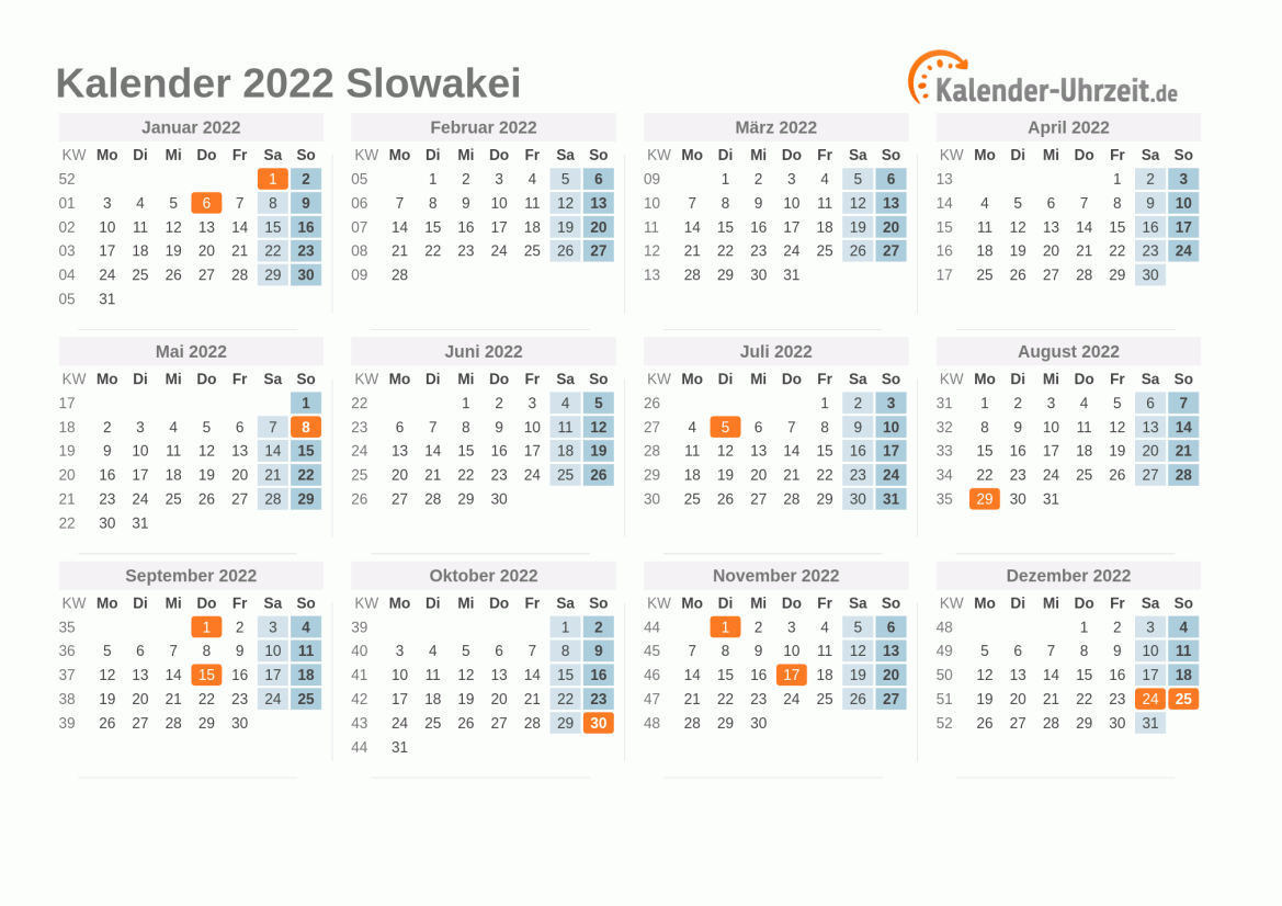 Kalender 2022 Slowakei mit Feiertagen