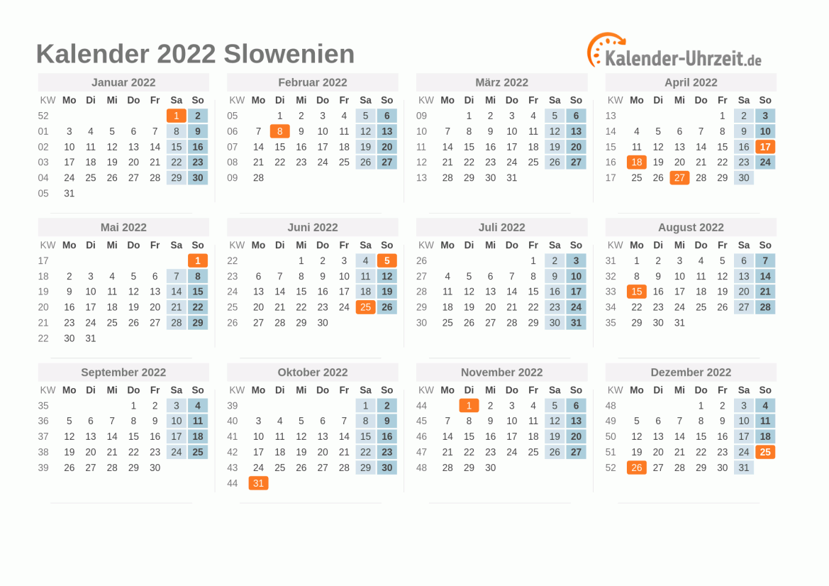Kalender 2022 Slowenien mit Feiertagen