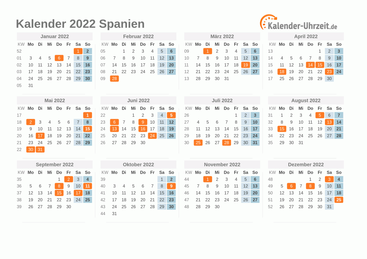 Kalender 2022 Spanien mit Feiertagen zum Ausdrucken Kalender 2022 Spanien mit Feiertagen