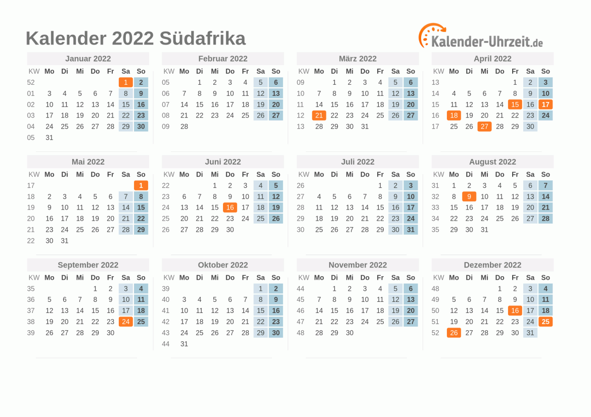 Kalender 2022 Südafrika mit Feiertagen zum Ausdrucken Kalender 2022 Südafrika mit Feiertagen