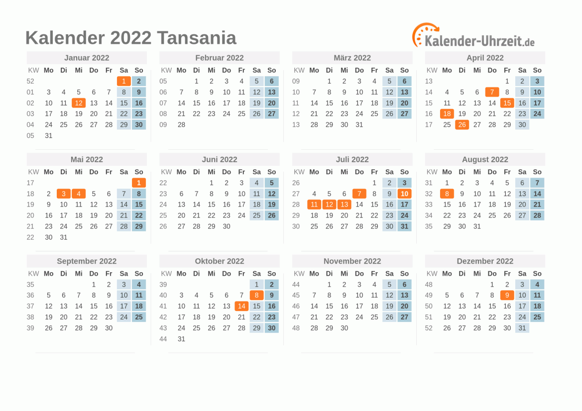 Kalender 2022 Tansania mit Feiertagen
