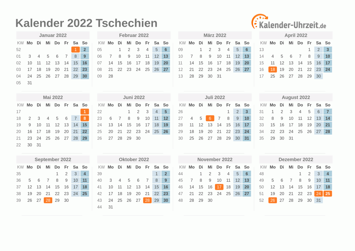 Kalender 2022 Tschechien mit Feiertagen zum Ausdrucken Kalender 2022 Tschechien mit Feiertagen