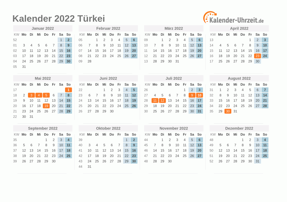 Kalender 2022 Türkei mit Feiertagen