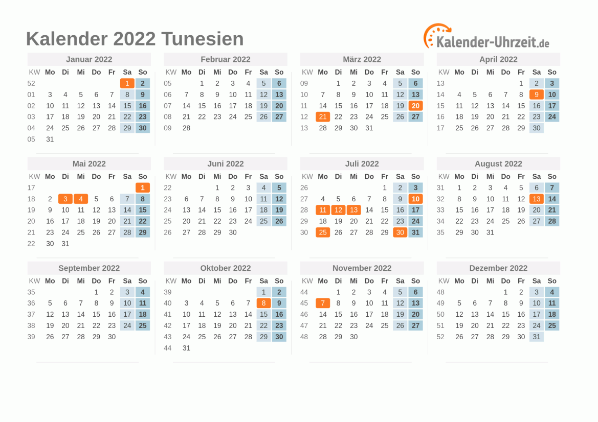 Kalender 2022 Tunesien mit Feiertagen zum Ausdrucken Kalender 2022 Tunesien mit Feiertagen