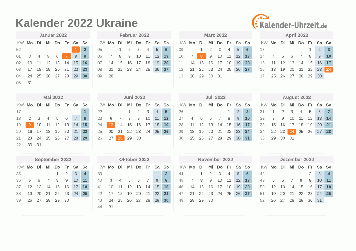 Kalender 2022 Ukraine mit Feiertagen
