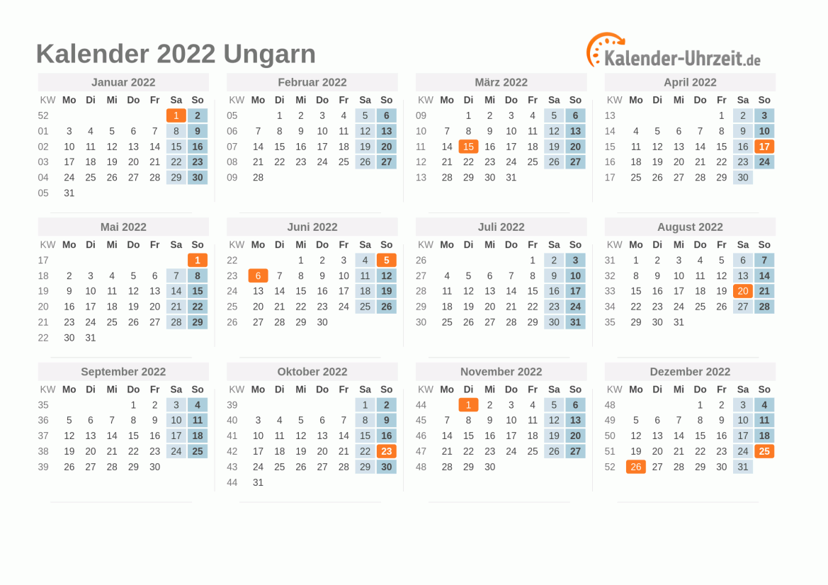 Kalender 2022 Ungarn mit Feiertagen