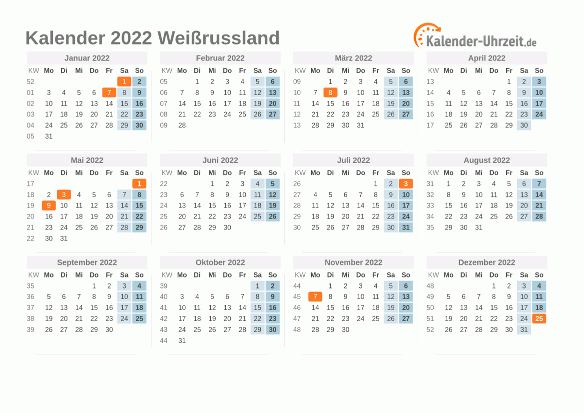 Kalender 2022 Weißrussland mit Feiertagen