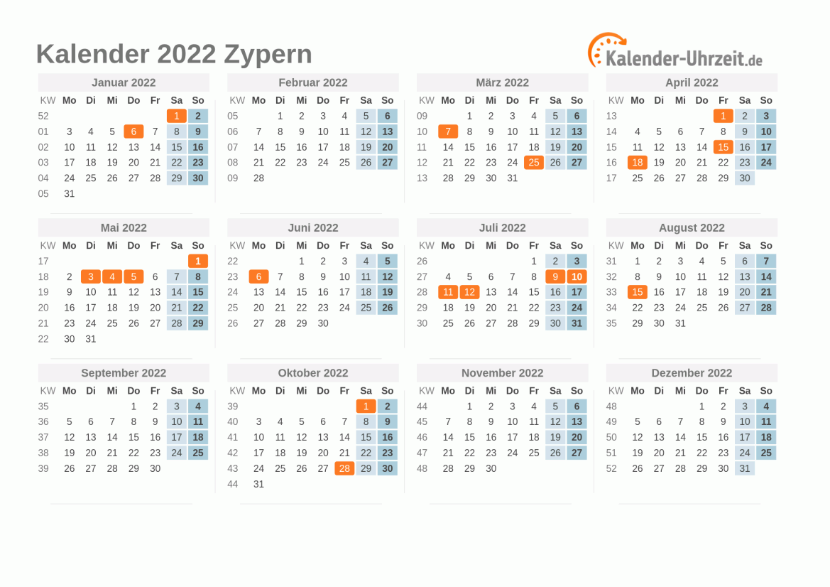 Kalender 2022 Zypern mit Feiertagen zum Ausdrucken Kalender 2022 Zypern mit Feiertagen