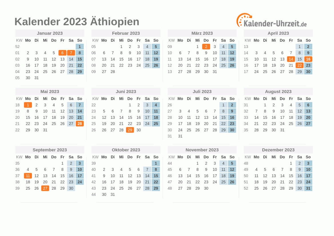 Kalender 2023 Äthiopien mit Feiertagen zum Ausdrucken Kalender 2023 Äthiopien mit Feiertagen
