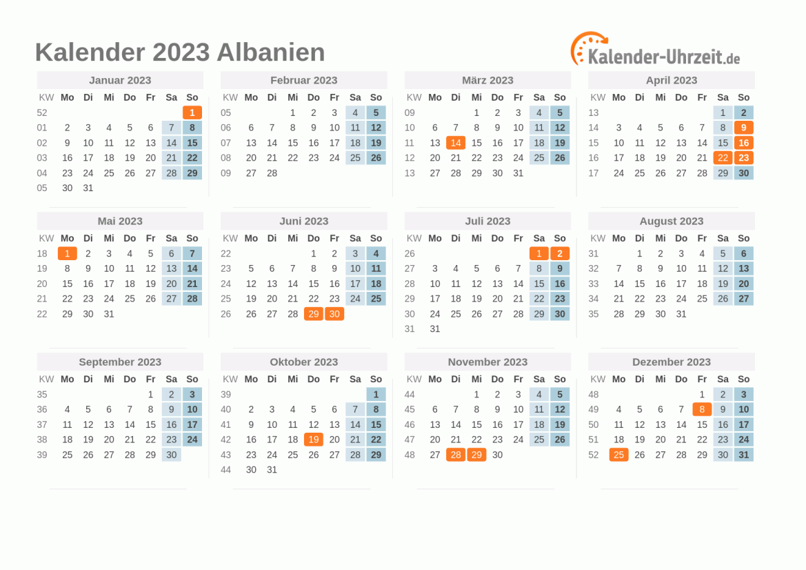 Kalender 2023 Albanien mit Feiertagen
