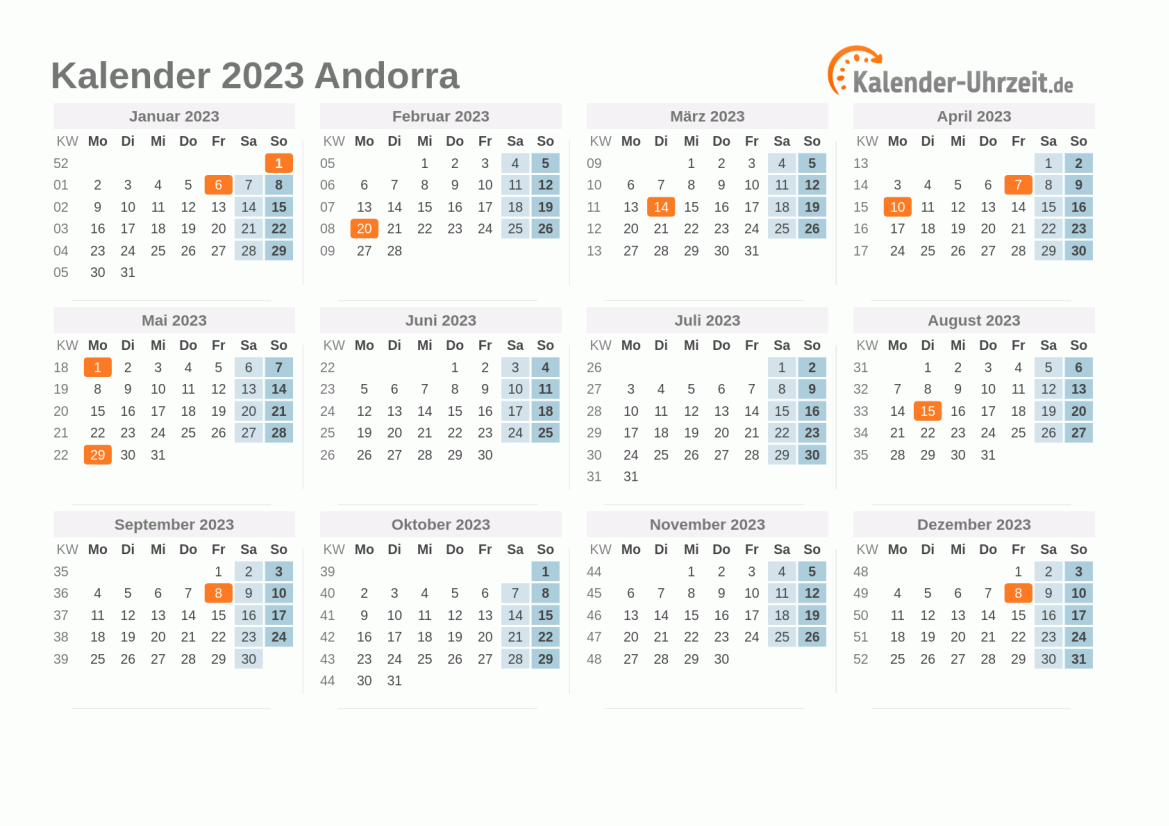 Kalender 2023 Andorra mit Feiertagen