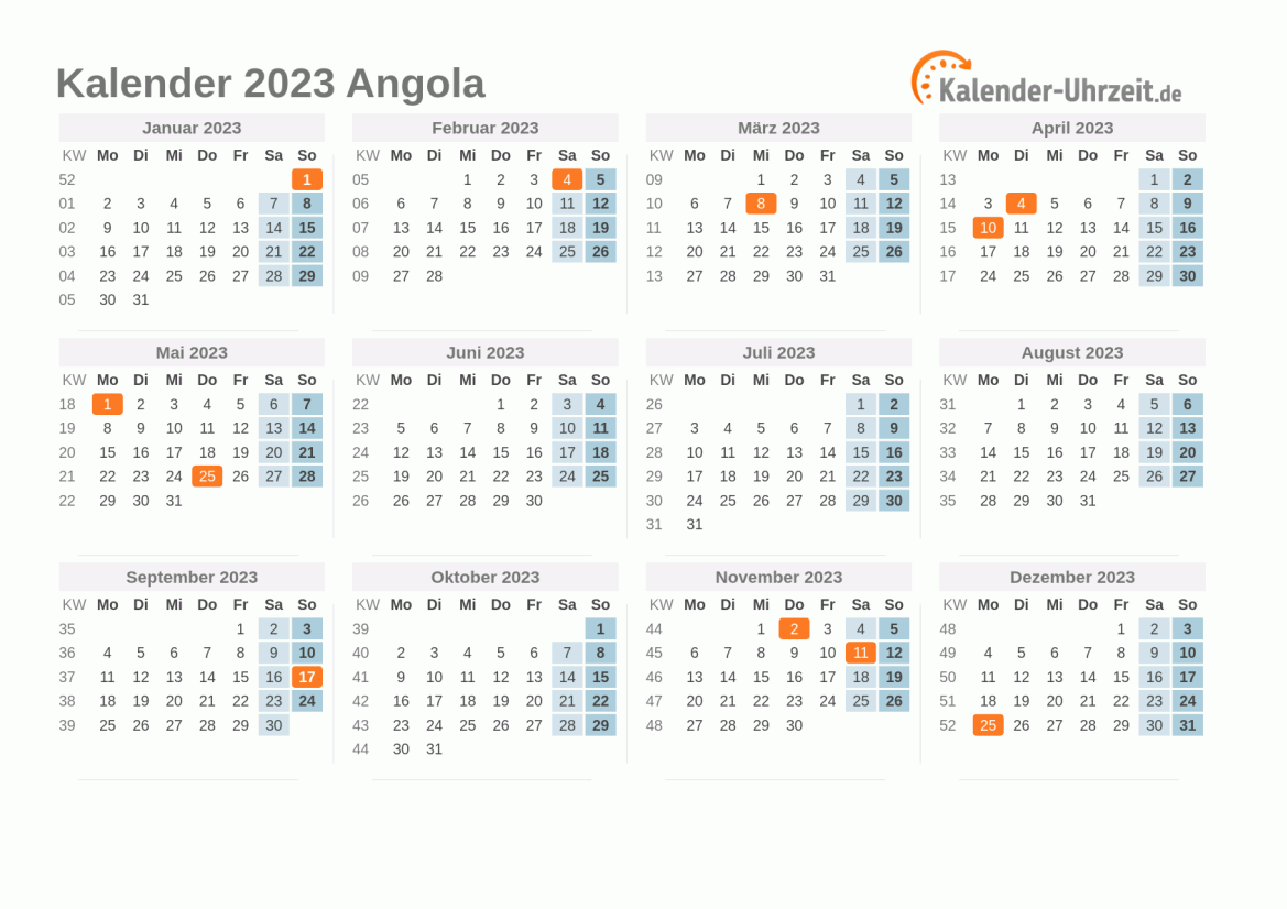 Kalender 2023 Angola mit Feiertagen