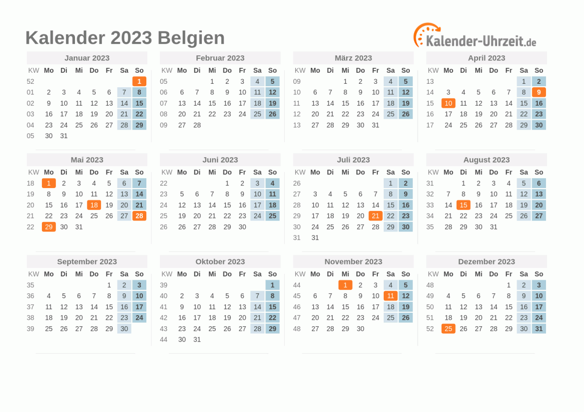 Kalender 2023 Belgien mit Feiertagen