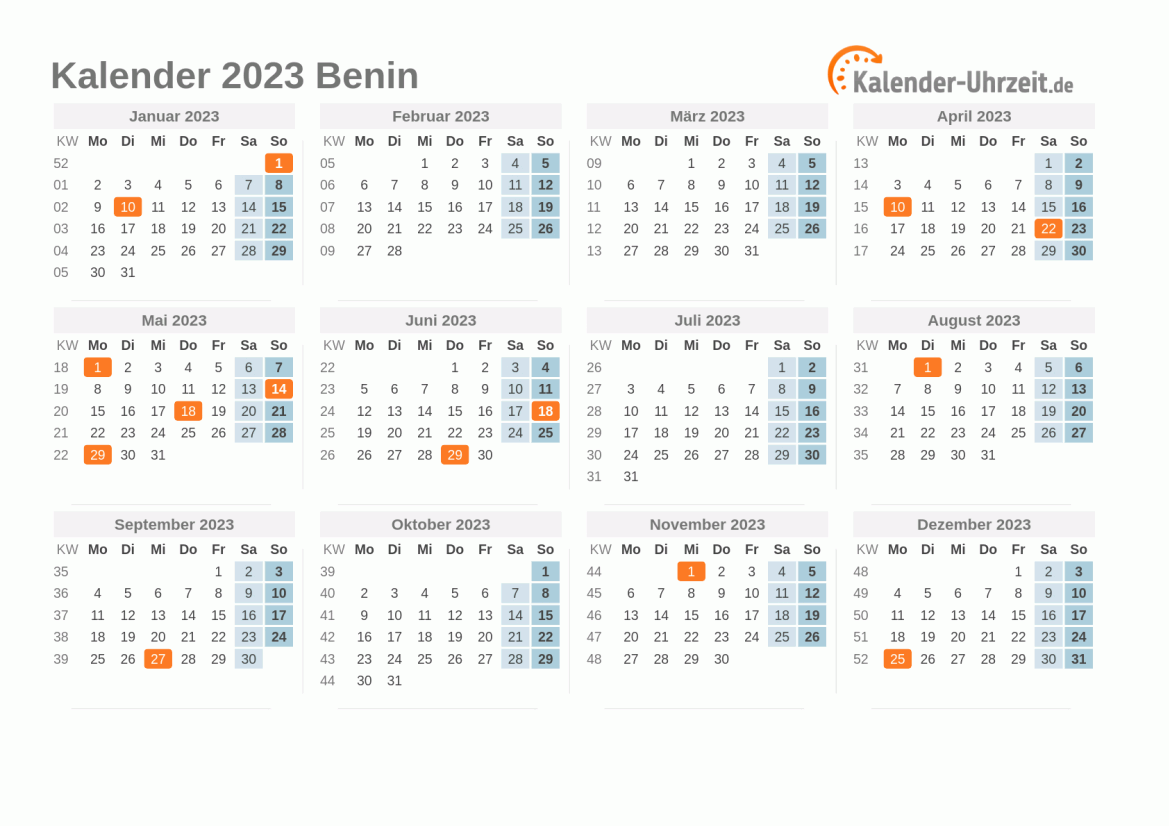 Kalender 2023 Benin mit Feiertagen zum Ausdrucken Kalender 2023 Benin mit Feiertagen