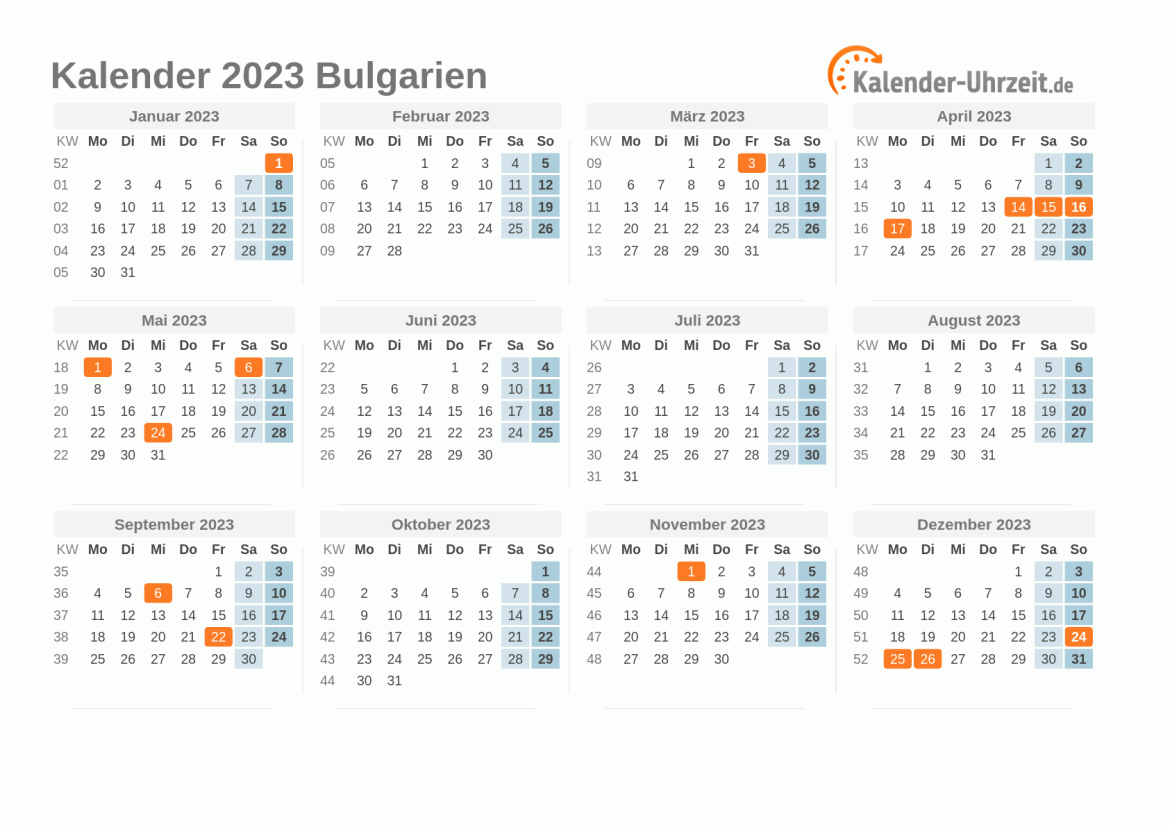 Kalender 2023 Bulgarien mit Feiertagen