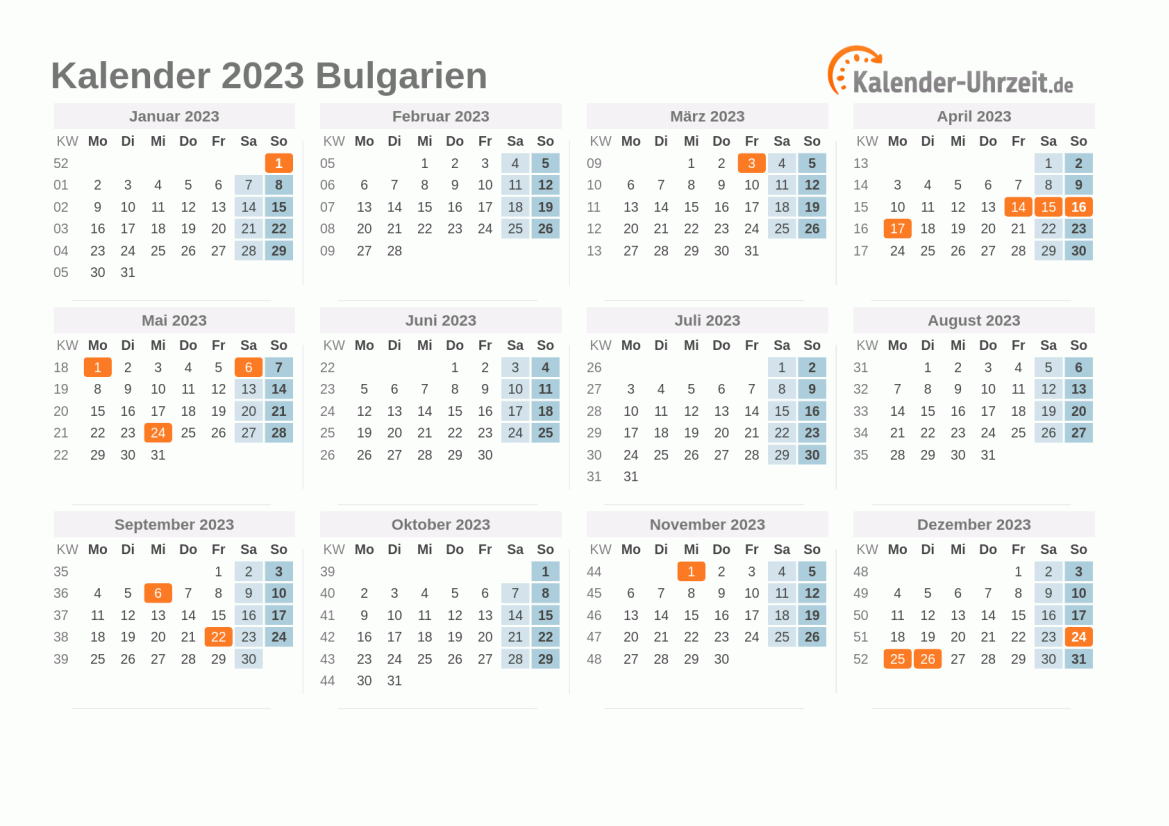 Kalender 2023 Bulgarien mit Feiertagen zum Ausdrucken Kalender 2023 Bulgarien mit Feiertagen