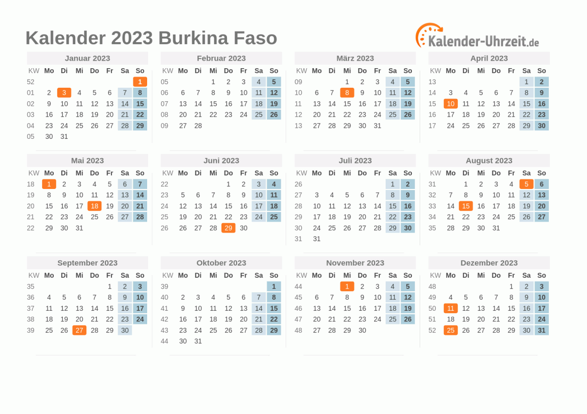 Kalender 2023 Burkina Faso mit Feiertagen zum Ausdrucken Kalender 2023 Burkina Faso mit Feiertagen