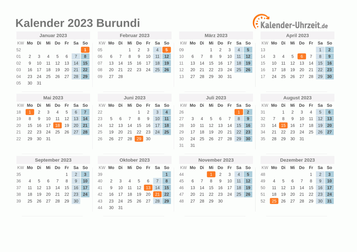 Kalender 2023 Burundi mit Feiertagen zum Ausdrucken Kalender 2023 Burundi mit Feiertagen