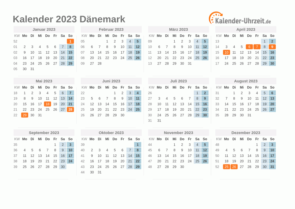 Kalender 2023 Dänemark mit Feiertagen