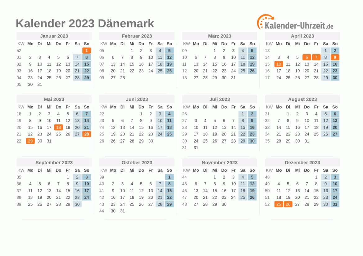 Kalender 2023 Dänemark mit Feiertagen zum Ausdrucken Kalender 2023 Dänemark mit Feiertagen