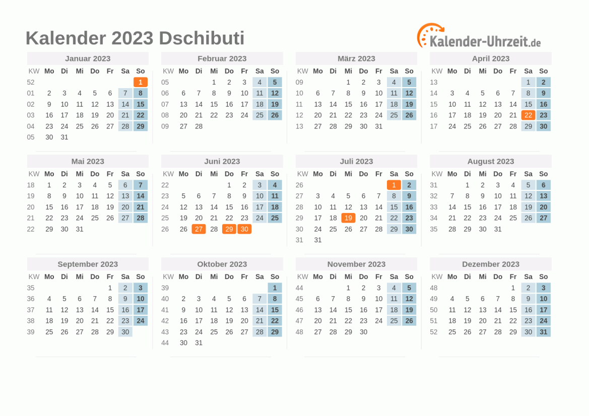 Kalender 2023 Dschibuti mit Feiertagen