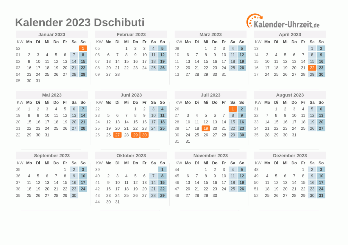Kalender 2023 Dschibuti mit Feiertagen zum Ausdrucken Kalender 2023 Dschibuti mit Feiertagen