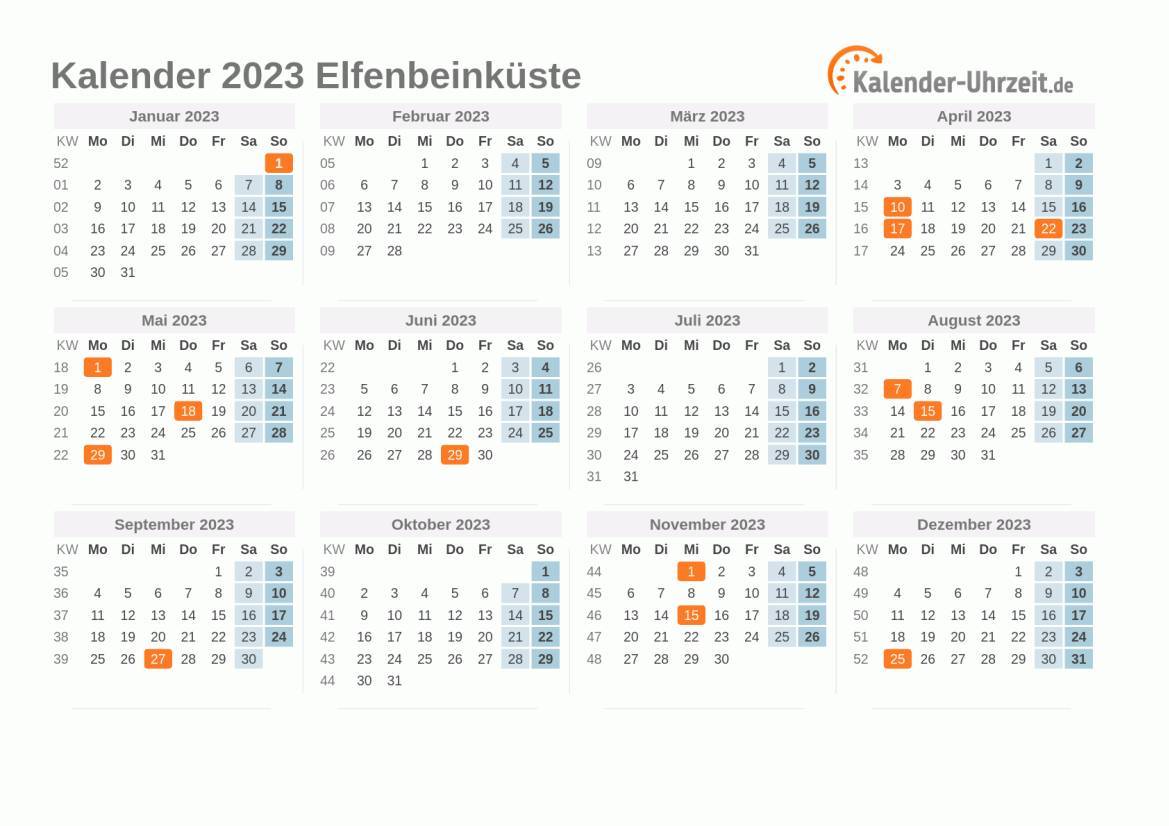 Kalender 2023 Elfenbeinküste mit Feiertagen zum Ausdrucken Kalender 2023 Elfenbeinküste mit Feiertagen