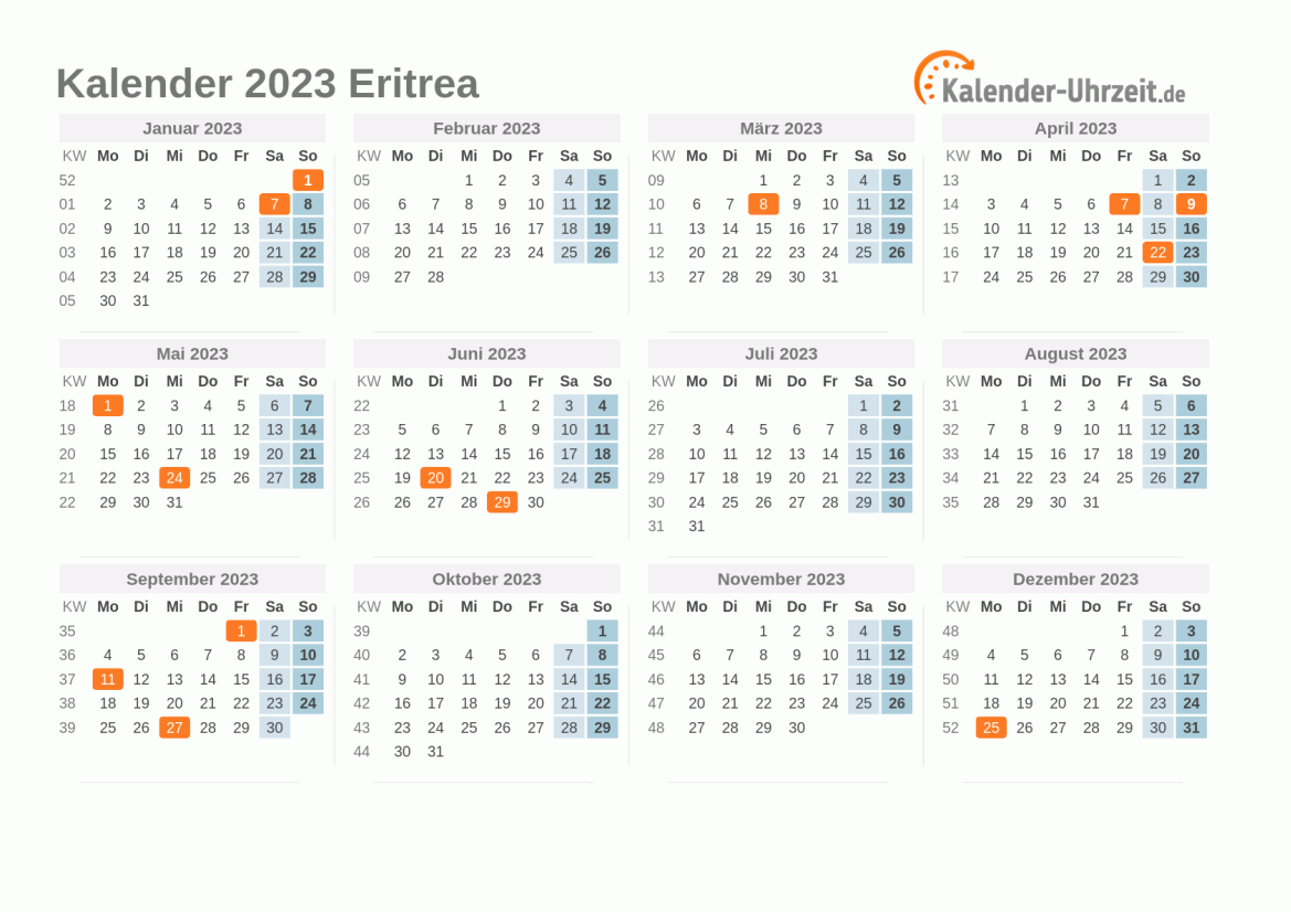 Kalender 2023 Eritrea mit Feiertagen zum Ausdrucken Kalender 2023 Eritrea mit Feiertagen
