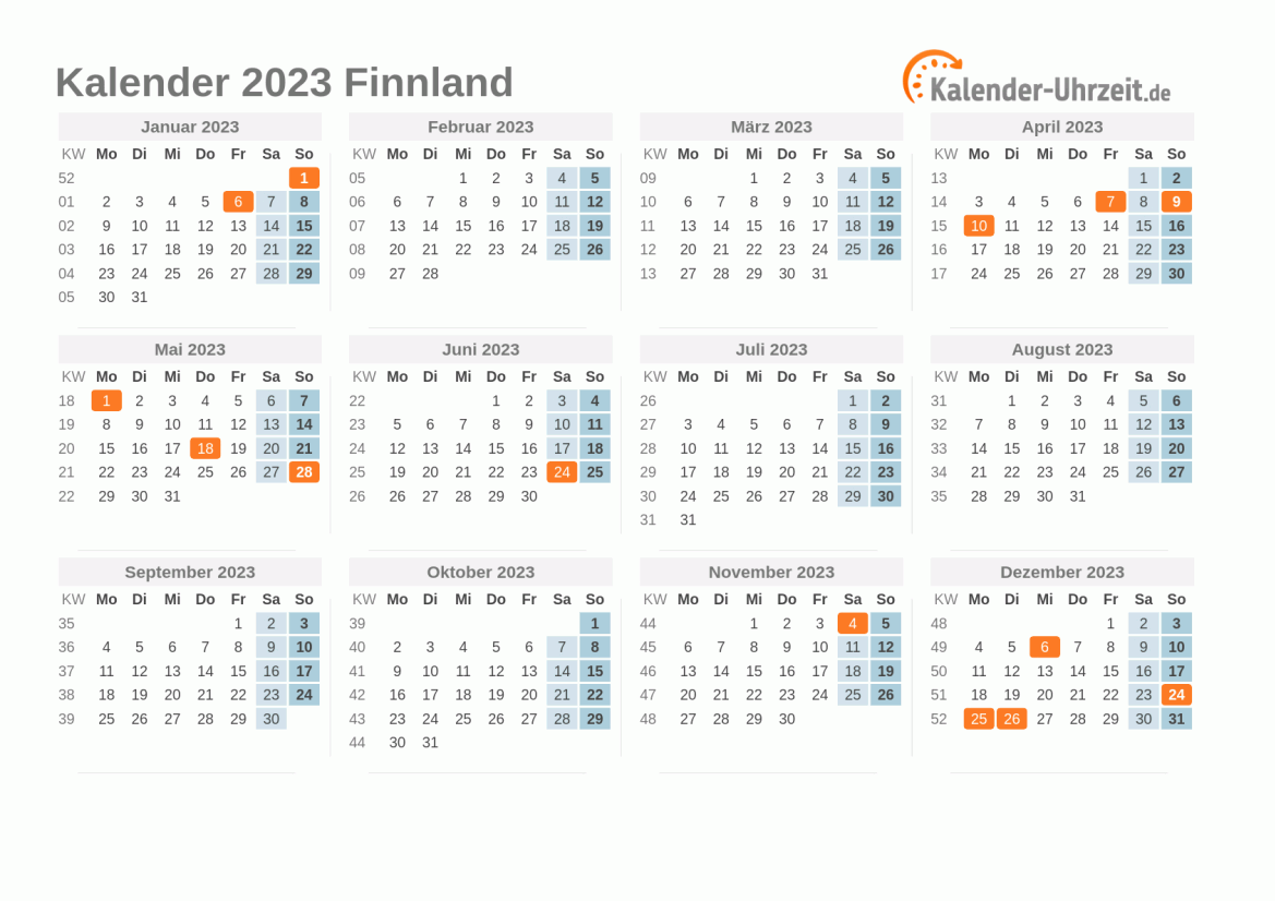 Kalender 2023 Finnland mit Feiertagen