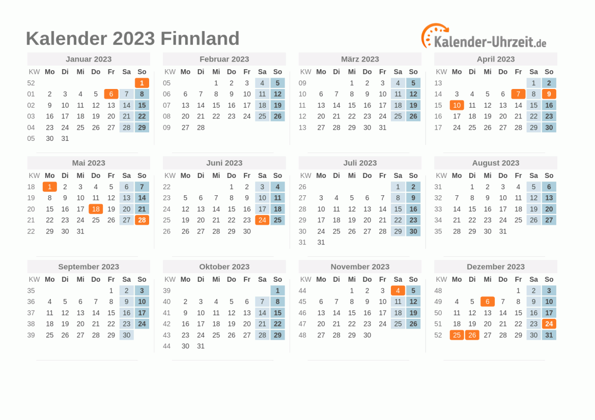 Kalender 2023 Finnland mit Feiertagen zum Ausdrucken Kalender 2023 Finnland mit Feiertagen