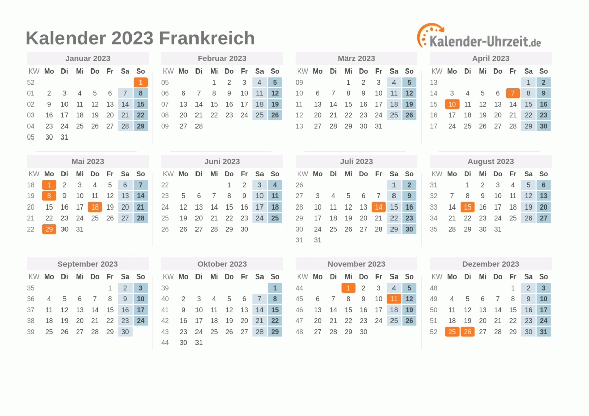 Kalender 2023 Frankreich mit Feiertagen