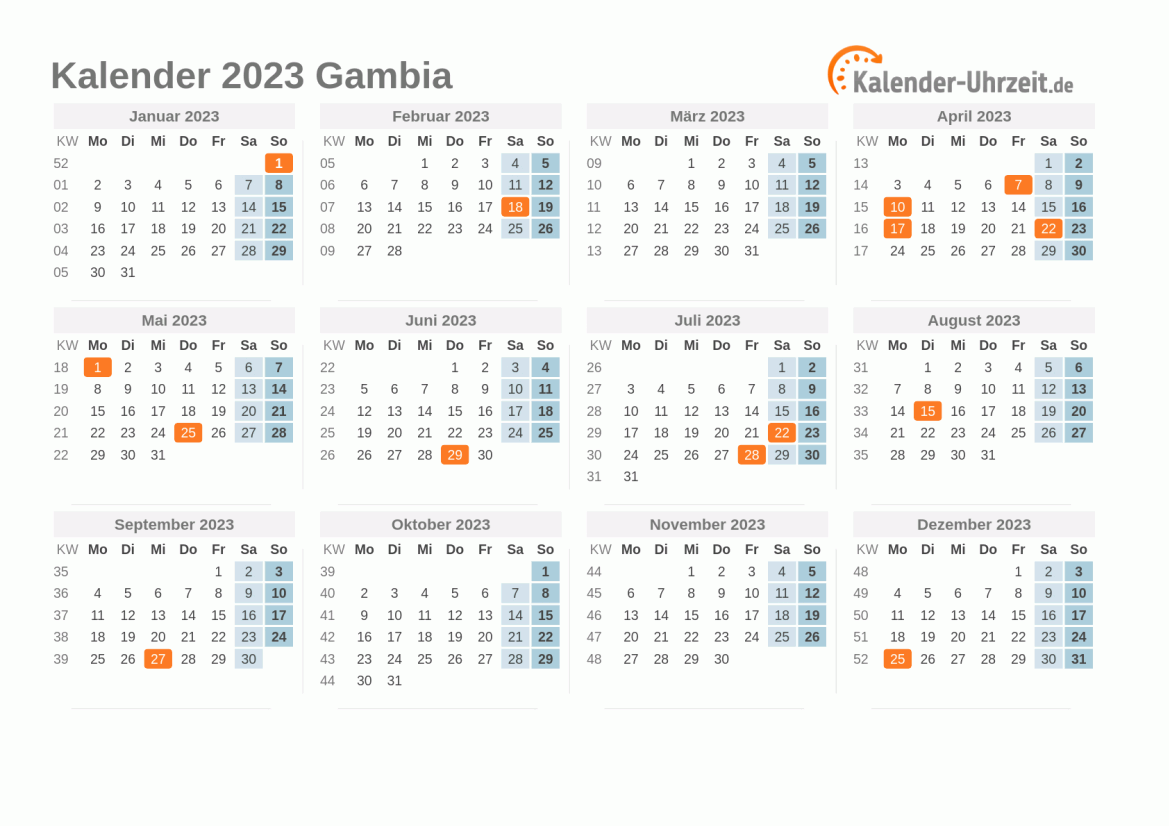 Kalender 2023 Gambia mit Feiertagen