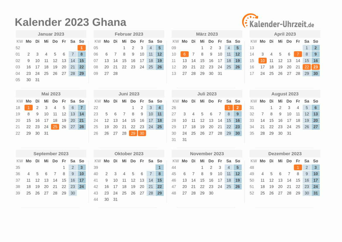 Kalender 2023 Ghana mit Feiertagen