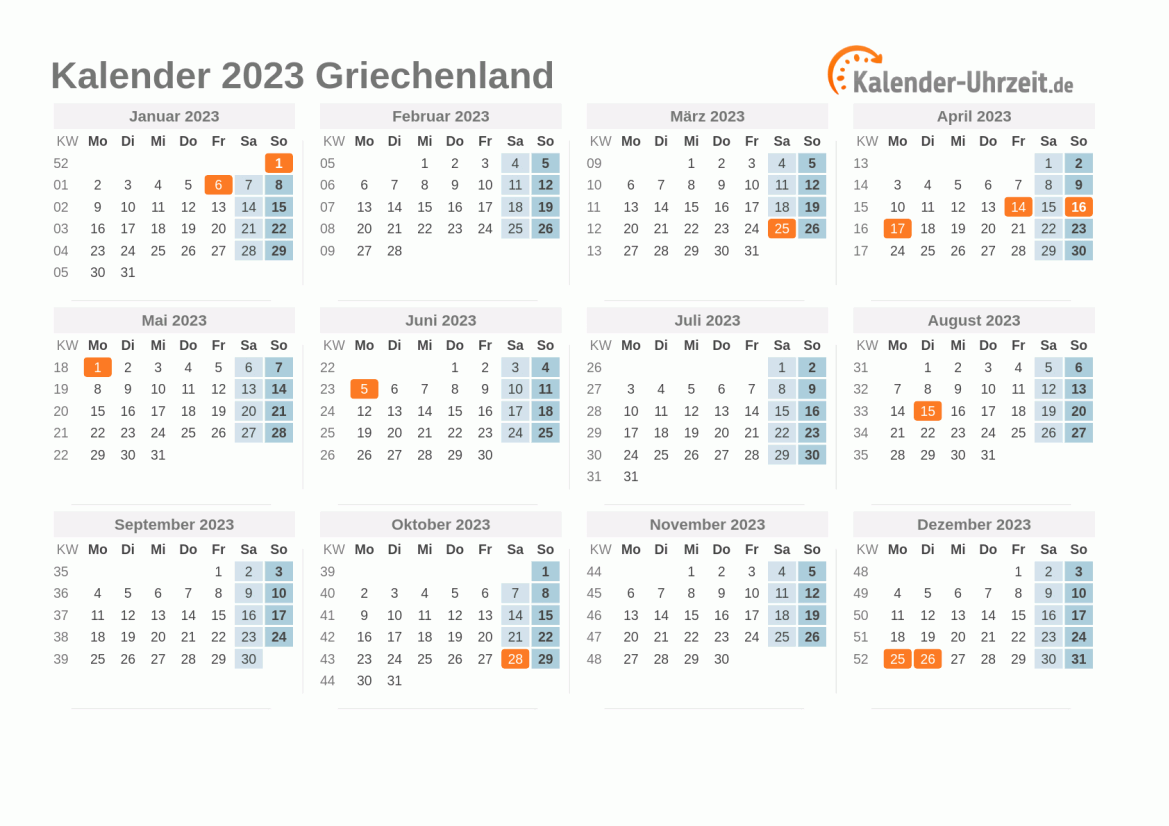 Kalender 2023 Griechenland mit Feiertagen