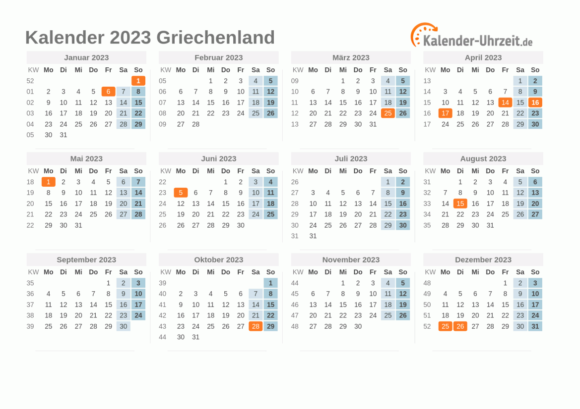 Kalender 2023 Griechenland mit Feiertagen zum Ausdrucken Kalender 2023 Griechenland mit Feiertagen