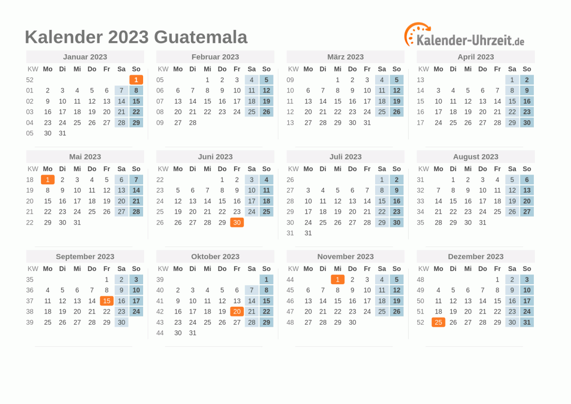 Kalender 2023 Guatemala mit Feiertagen zum Ausdrucken Kalender 2023 Guatemala mit Feiertagen