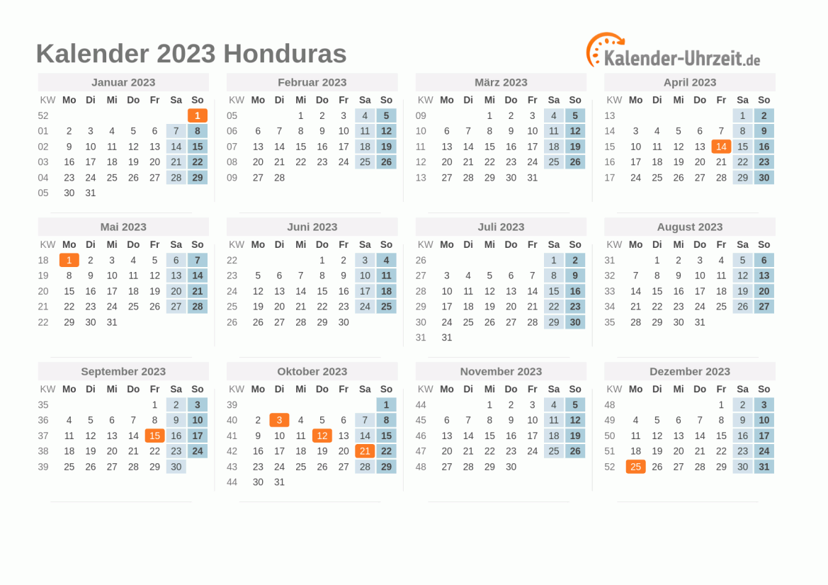 Kalender 2023 Honduras mit Feiertagen