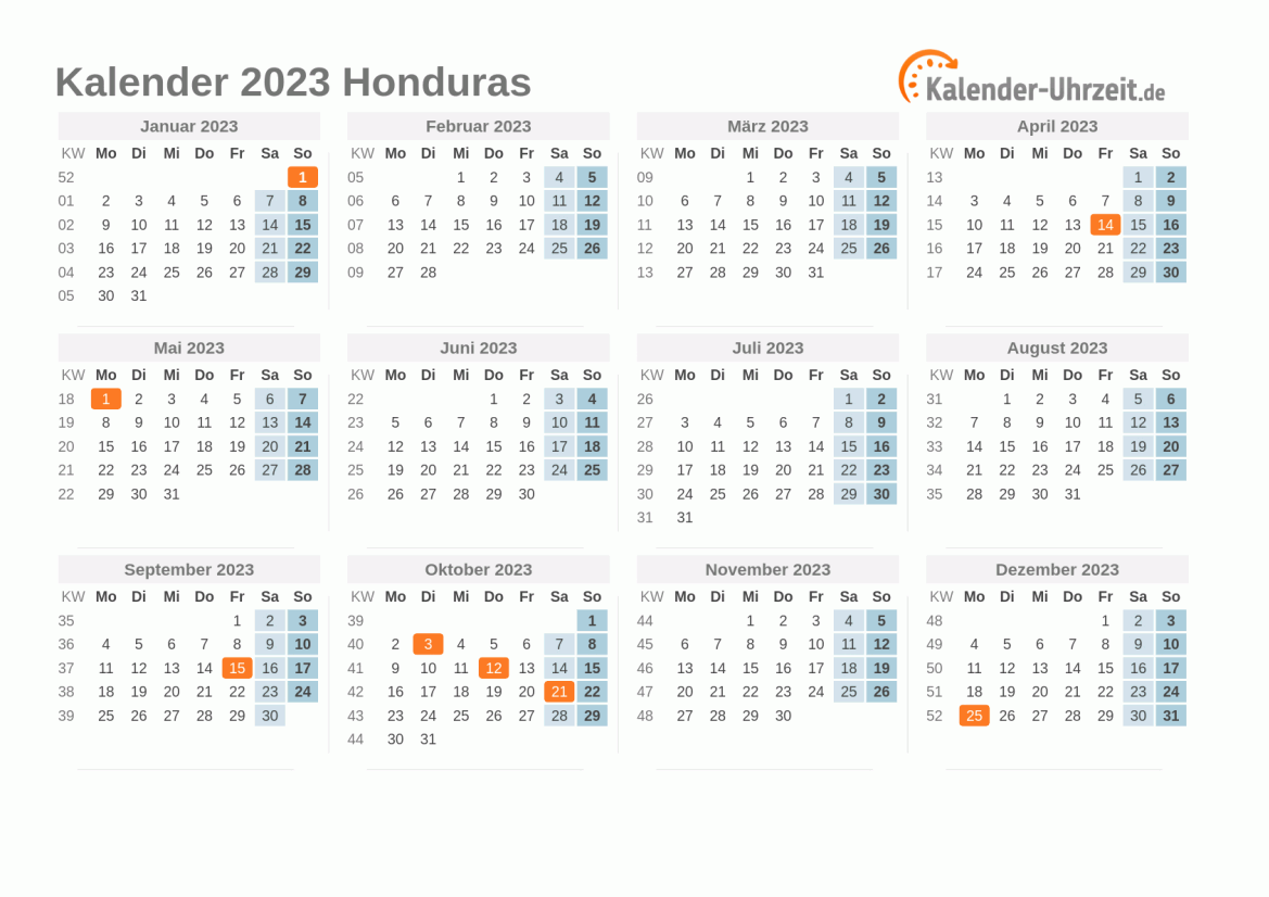 Kalender 2023 Honduras mit Feiertagen zum Ausdrucken Kalender 2023 Honduras mit Feiertagen