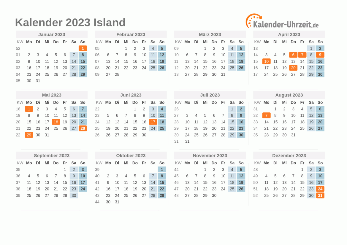 Kalender 2023 Island mit Feiertagen