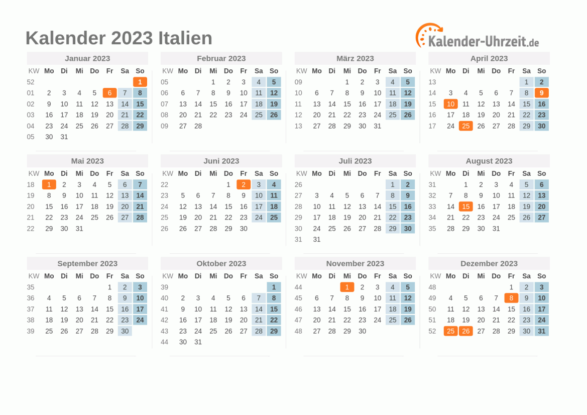 Kalender 2023 Italien mit Feiertagen