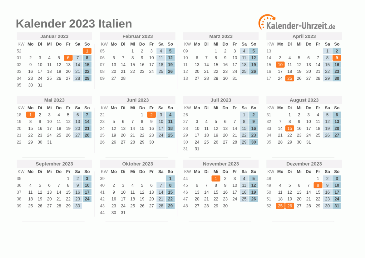 Kalender 2023 Italien mit Feiertagen zum Ausdrucken Kalender 2023 Italien mit Feiertagen