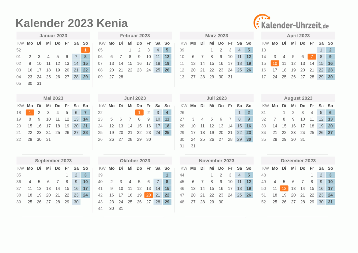 Kalender 2023 Kenia mit Feiertagen