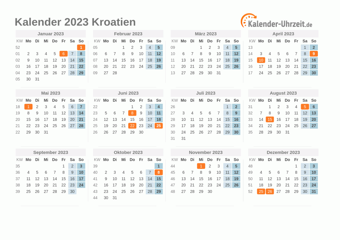 Kalender 2023 Kroatien mit Feiertagen zum Ausdrucken Kalender 2023 Kroatien mit Feiertagen