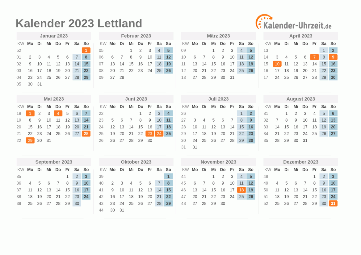 Kalender 2023 Lettland mit Feiertagen zum Ausdrucken Kalender 2023 Lettland mit Feiertagen