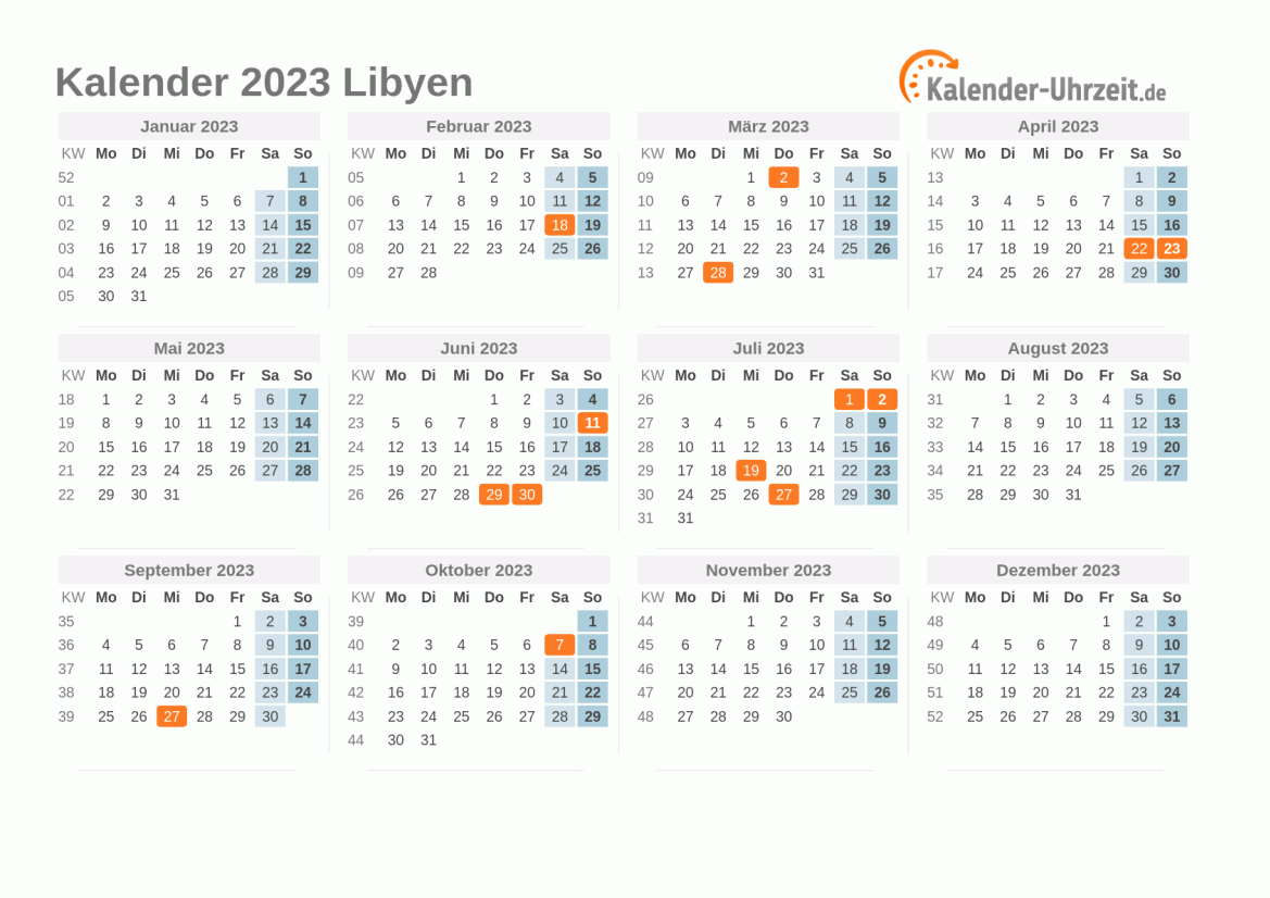 Kalender 2023 Libyen mit Feiertagen zum Ausdrucken Kalender 2023 Libyen mit Feiertagen