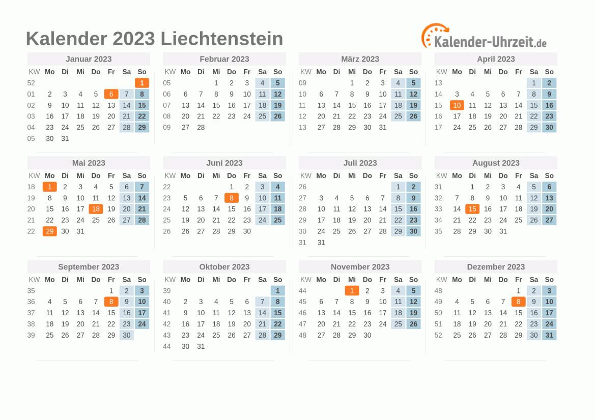 Kalender 2023 Liechtenstein mit Feiertagen