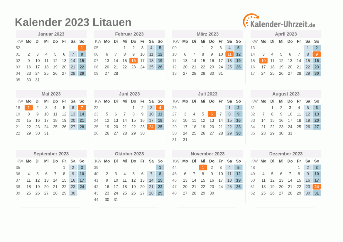 Kalender 2023 Litauen mit Feiertagen